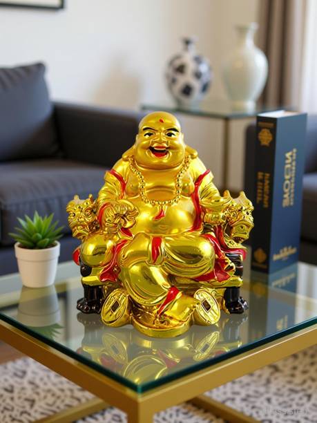 Saubhagya Global On Chair With Ingot And Money Coin Laughing Buddha For Health, Wealth & Prosperity Decorative Showpiece - 8 cm