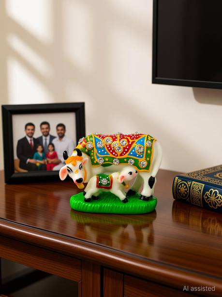 DivineCraftedArt Kamdhenu Cow & Calf Idol Decorative Showpiece  -  5 cm
