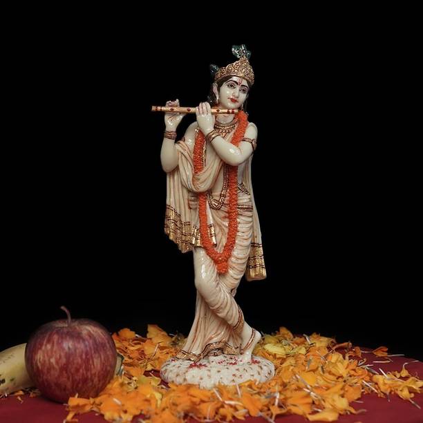 Ajmera Sales Krishna Adventure Statue- Hindu God of Love Premium White Marble Finish Decorative Showpiece  -  25 cm