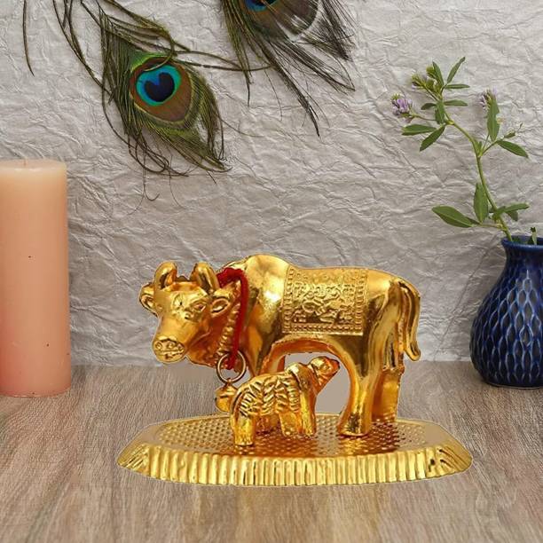 STOTRAM Kamdhenu Cow with Calf Figurine Idol for Home Decorative Office Gifting Decorative Showpiece  -  5 cm
