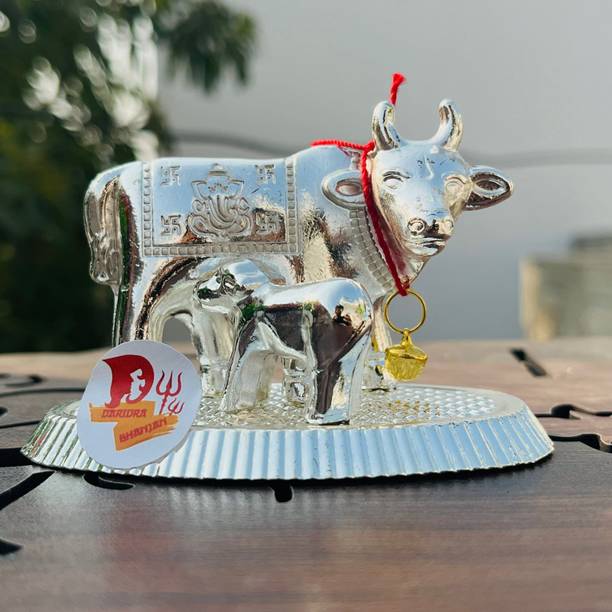 EliteTouch cow, cow and calf, kamdhenu, Silver Kamdhenu Cow And Calf, Cow and Calf Figurine Decorative Showpiece  -  7 cm