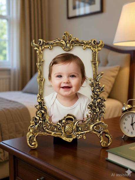 SILVERPEACOCK Vintage Decorative Photo Frame, Handcrafted Antique Gold Metal Design, Table Decorative Showpiece  -  21 cm