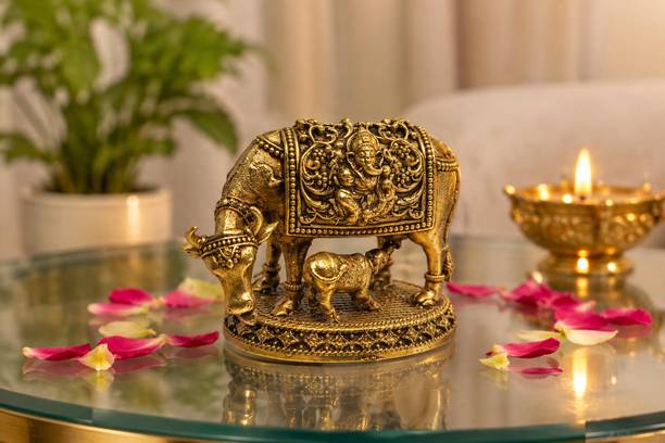 Srishti Aura Kamadhenu Cow & Calf Idol 1.75 Inch, 65g Brass Finish Home Decor Decorative Showpiece  -  4.4 cm