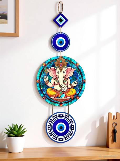 Angel Infinite Evil Eye Wall Hanging Printed Wooden Nazar Battu for Door Entrance & Wall Décor Decorative Showpiece - 20 cm