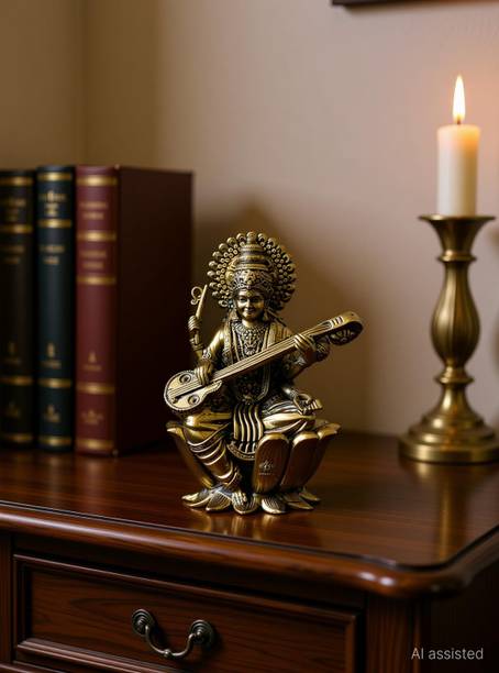 IndianArtVilla Brass Saraswati Sitting On Kamal 2 Inch, Golden for Spritiual & Pooja Decorative Showpiece  -  5.08 cm
