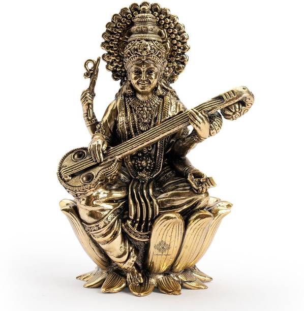 IndianArtVilla Brass Saraswati Sitting On Kamal 2 Inch, Golden for Spritiual & Pooja Decorative Showpiece  -  5.08 cm