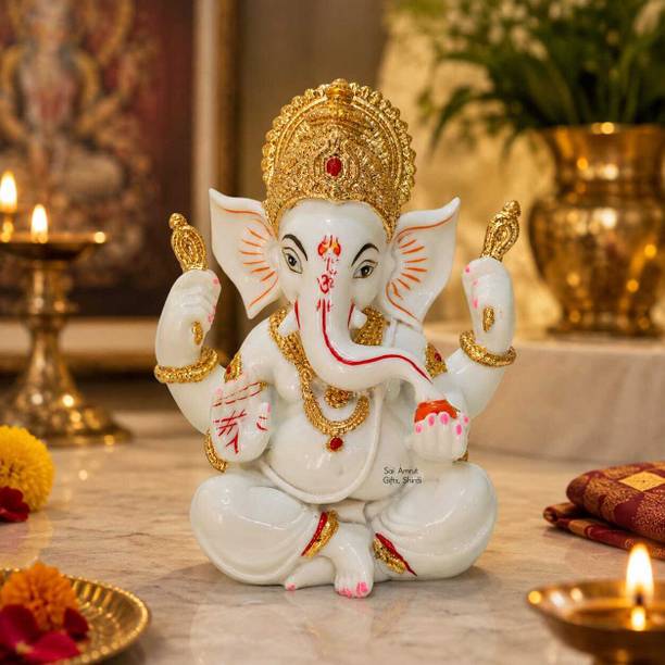 Sai Amrut Beautiful Lord Ganesha Idol with Golden Detailing Decorative Showpiece  -  8 cm