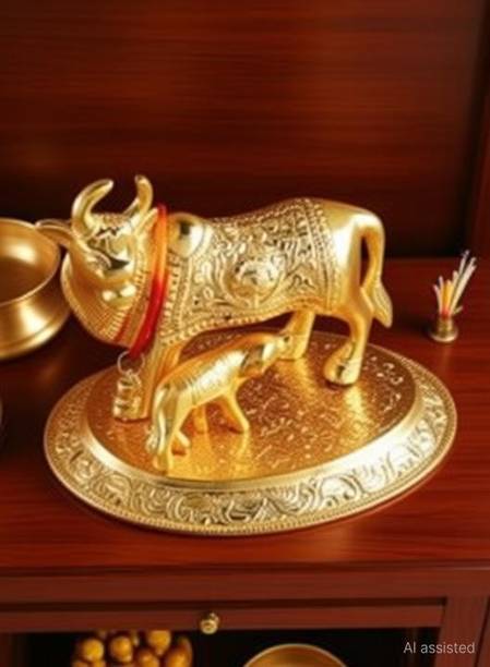 SHRI ASTHA VINAYAK GOLD ELEGANT COW AND CALF SHOW PIECES Decorative Showpiece - 14.5 cm