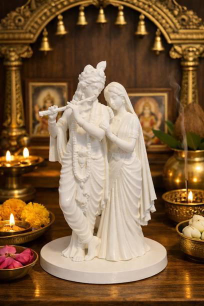 DDan Krishna & Radha Idol - Pure White Decorative Showpiece  -  13 cm