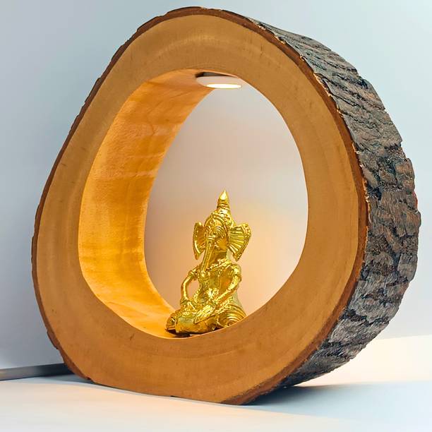 ARTISAN SUTRA Enchanting Mahogany Log with Handcrafted Dokra Figurine & LED Spotlight Decorative Showpiece  -  18 cm