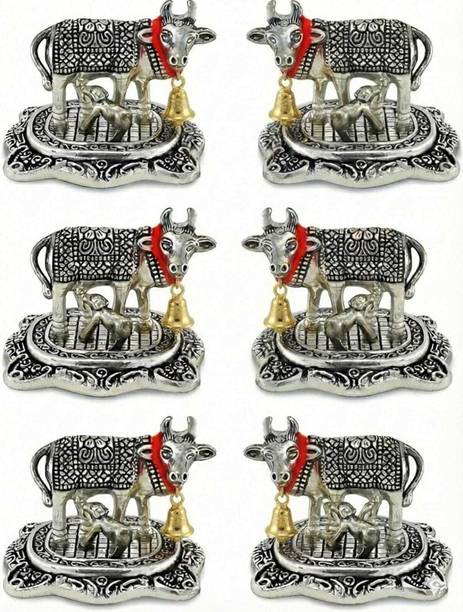 SILVERPEACOCK silver Metal Cow Statue with Bell, 7.6 x 6.4 cm, Traditional Design,Pack of 6 Decorative Showpiece - 10 cm