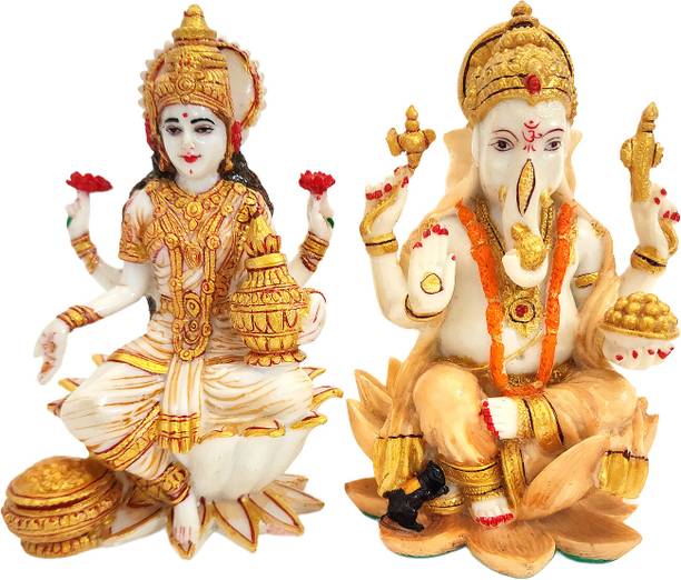 upharkaro Goddess Laxmi Ganesh Statue Sitting On Lotus Fine Gold Painting Decorative Showpiece  -  18 cm