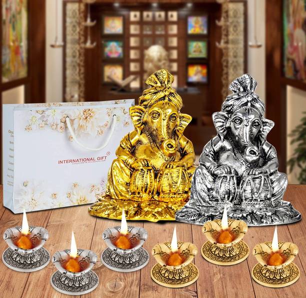 SMILES GIFT Golden & Silver Tabla Ganesh Idol | 6 Diya With Box & Bag | For Pooja, Home Aluminium (Pack of 2) Table Diya