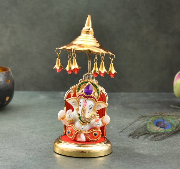 UniqueArt Ganesha with Singhasan Base Car Dashboard Decor Decorative Showpiece  -  8 cm