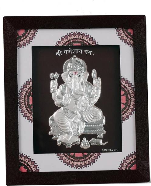 Purushottam Gagubhai Zaveri 999 Pure Silver Ganesh Photo Frame - 7 x 6 Inch Wooden Ganpati Frame Decorative Showpiece  -  17.78 cm
