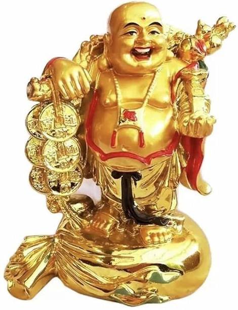 Divine Creations Money Bag Laughing Buddha with Coin Statue for Good Luck in your Home & Office Decorative Showpiece - 9 cm