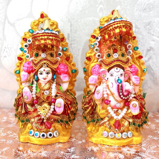 Kumhart Laxmi Ganesh Clay Murti for Diwali Pooja | Clay Lakshmi Ganesha Idol Pair Decorative Showpiece  -  13.5 cm