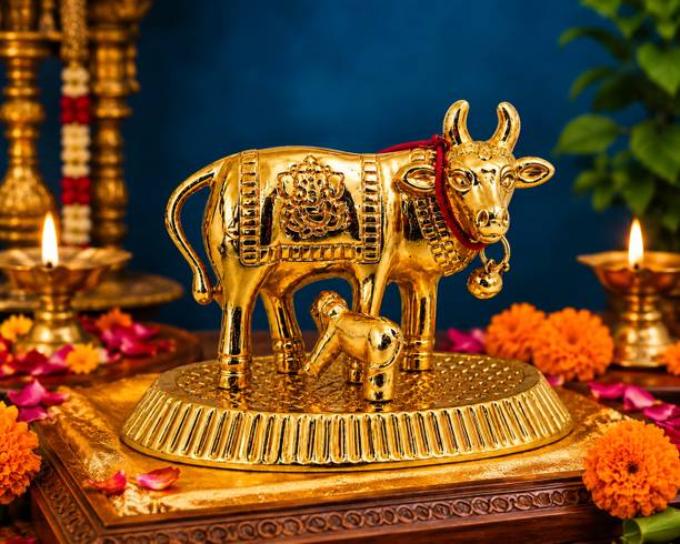 Sawariya crafted Golden Kamdhenu Cow with Calf Idol for Home Temple Decorative Showpiece  -  5 cm