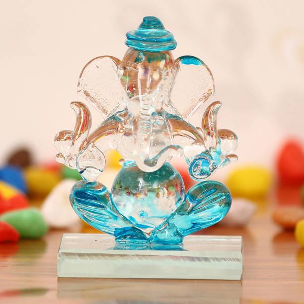 eCraftIndia Sky-blue and Transparent Double Sided Crystal Car Ganesha Showpiece Decorative Showpiece  -  7.5 cm