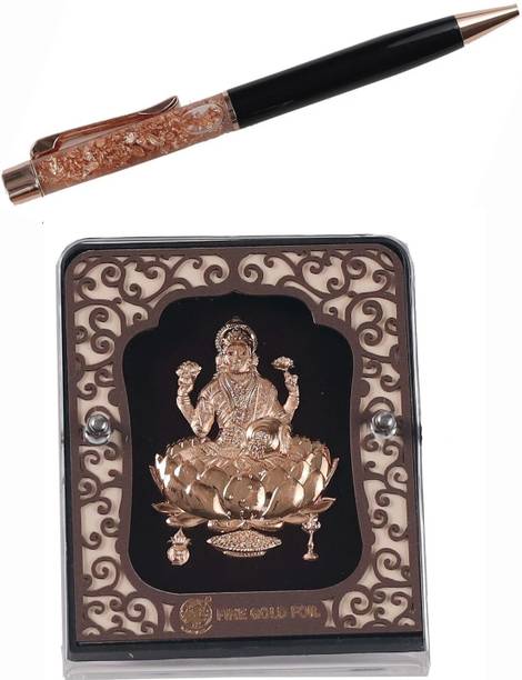 Purushottam Gagubhai Zaveri LaxmiGolden 24KT TableTop Frame&Pen GiftSet 999 PurityGold Foil Idol Wooden Box Decorative Showpiece  -  8.89 cm