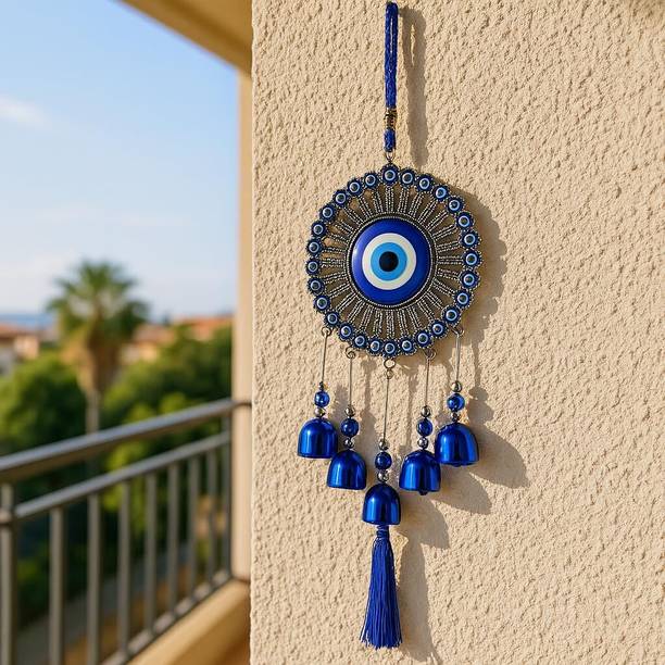 sculpmart Evil Eye Wind Chime with 5 Bells,Tassel(Latkan) & 31 Small Evil Eyes For Hanging Decorative Showpiece  -  35 cm