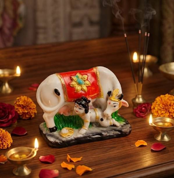 RB CREATION Lord Krishna with Cow Polyresin Decorative Showpiece for Home Decor Decorative Showpiece  -  11 cm