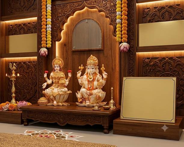 avenew Lakshmi Ganesh Statue, Hindu Goddess Idol, Resin Figurine with Lotus Base Decorative Showpiece  -  17.5 cm
