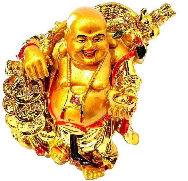 FOBHIYA Exclusive Feng Shui Standing Laughing Buddha Decorative Statue, Standing On Money Bag Laughing Buddha Showpiece for Health, Wealth & Prosperity, Made in India Best for Gifting Decorative Showpiece  -  8.5 cm