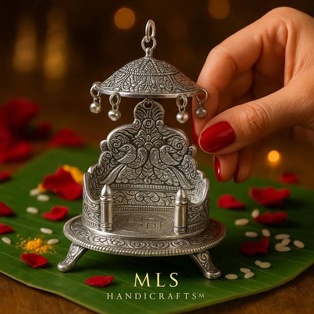 mlshandicrafts German Silver Singhasan With Chhatra Laddu Gopal God Idol Mandir Seat Chowki Aluminium Pooja Chowki