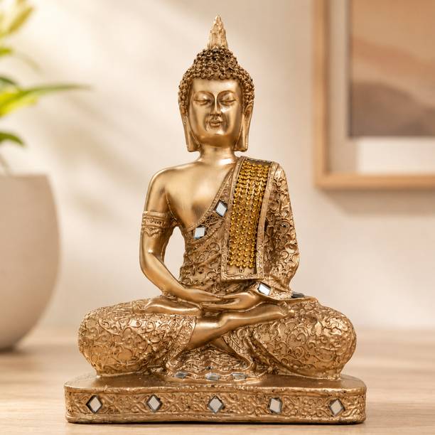 Uncluttered Premium Golden Polyresin Buddha Idol for Home Decor | Decorative Showpiece  -  23 cm