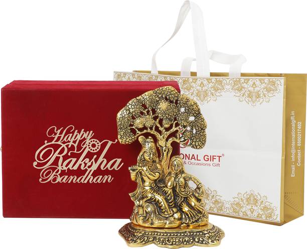 INTERNATIONAL GIFT Golden Radha Krishna Idol | Raksha Bandhan Tag With Box & Bag | For Home Decorative Showpiece  -  13 cm