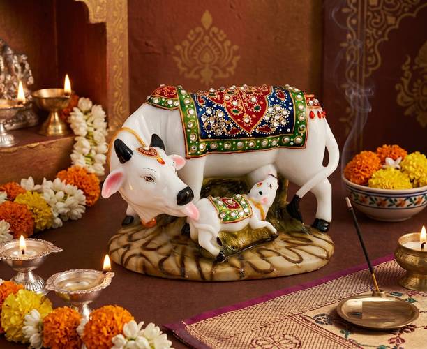 Decorhere Kamdhenu Cow with Calf Idol Vastu Cow Murti for Temple, Office Decorative Showpiece  -  9 cm