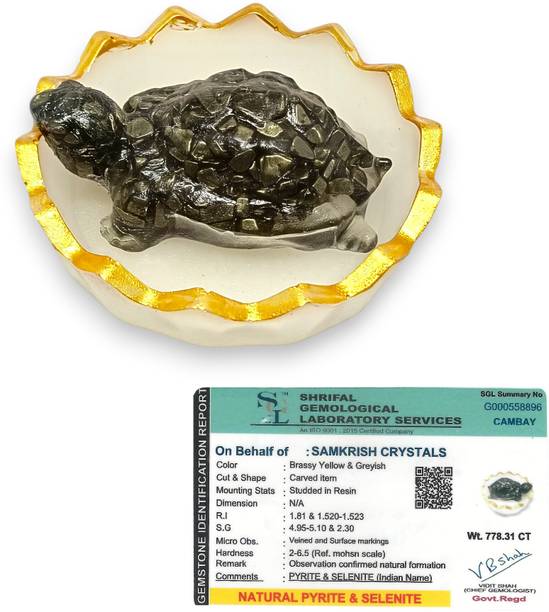 samkrish Pyrite Tortoise with Selenite Bowl and Feng Shui Wealth Vastu Home Office Decorative Showpiece  -  7 cm