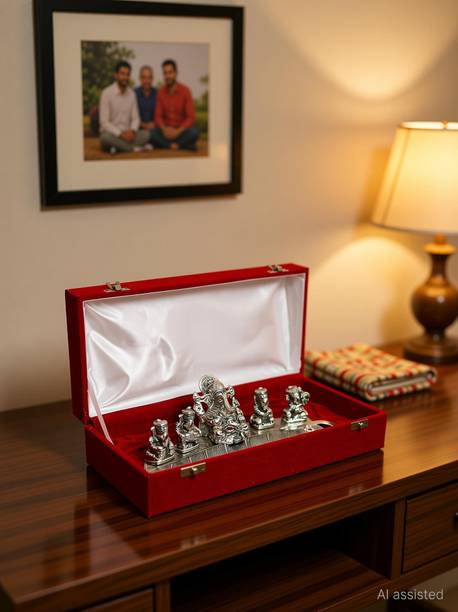 SMILES GIFT Silver Plated Musical Ganesh God Idol With Box & Bag | For Vastu, Pooja, Home Decorative Showpiece  -  8 cm