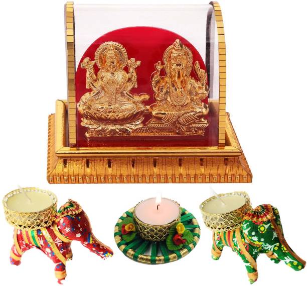 Awesome Craft Laxmi Ganesh ji Idol Acrylic / With Elephant Tealight Candle Holder Decorative Showpiece  -  10 cm