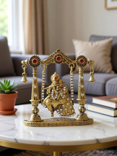 Love Kart Gold Plated With Stone Lord Radha Krishna Car Dashboard Idol God Krishan / Makhan Chor Handicraft Statue Décor Spiritual Puja Vastu Fegurine - Religious Murti Pooja Gift Item Decorative Showpiece - 8 cm (Brass, Gold) Decorative Showpiece  -  7.62 cm
