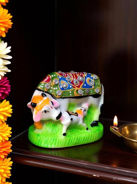 Great Art kamdhenu Cow statue Decorative Polyresin Showpiece Cow and Calf Small Decorative Showpiece  -  6 cm
