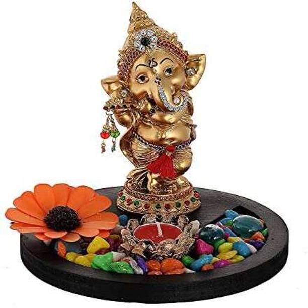 SN Handicrafts Ganesha Statue Playing Bansuri with with Wooden Flower Tealight Candle Decorative Showpiece  -  16 cm