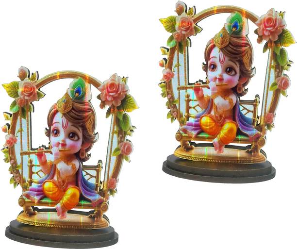 Adhvik Pack Of 2 MDF Jhula Krishna Idol for Car Dashboard, Home Decor & Office Decorative Showpiece  -  10 cm