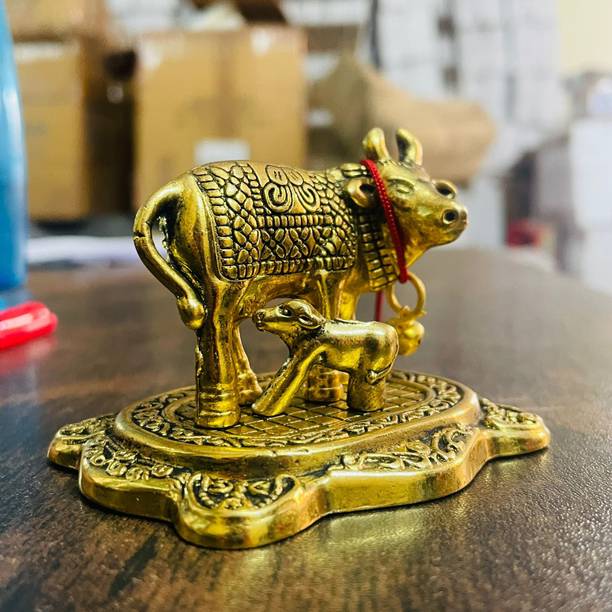 EliteTouch Metal Kamdhenu Cow with Calf Gold Finish Kamdhenu Cow Brass Decorative Showpiece  -  7 cm