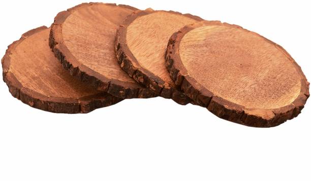 Purpledip Set of 4 Wooden Coasters in Natural Mango Tree Bark: Rustic Dining Table Decor Decorative Showpiece  -  0.2 cm