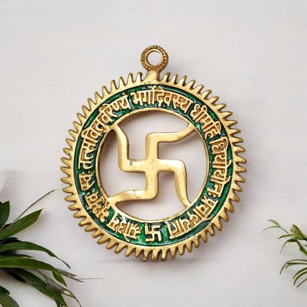DreamKraft Swastik with Gayatri Mantra Metal Wall Hanging|Red Enamel Vastu Decorative Door डेकोरेटिव शोपीस  -  3 cm