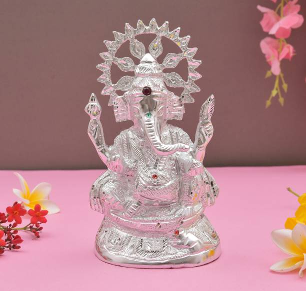 HOUZZPLUS Handicraft White Metal Ganesha idol ,metal ganesh ji murti for home decor Decorative Showpiece  -  18 cm