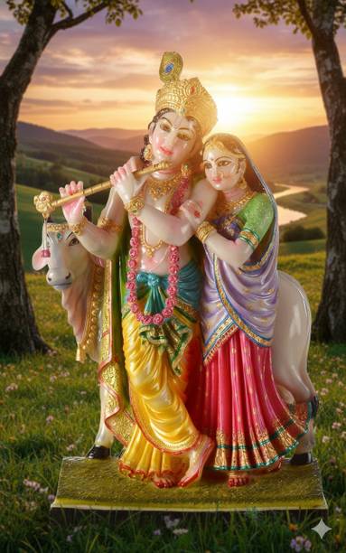 Gifts 'N' Greetings Home Décor Polyresin Radha Krishna With Cow Show Piece Decorative Showpiece  -  40 cm