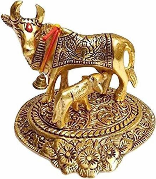 LAVITRA Metal Krishna With Religious Kamdhenu Cow with Calf Handmade for Home Gift Item डेकोरेटिव शोपीस  -  10 cm