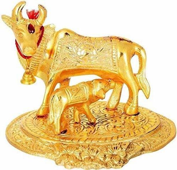 EliteTouch Golden Metal Made Cow and Calf Idol for Home Temple from Vrindavan 5inch Decorative Showpiece  -  5 cm