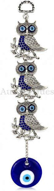 Aura & Hues Aura & Hues Triple Owl Evil Eye Wall Hanging | Premium Metal & Glass Nazar Battu Decorative Showpiece - 24 cm