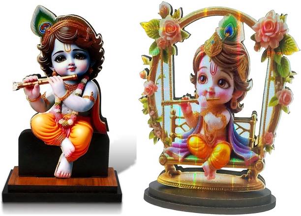 Adhvik Pack of 2 MDF Bal Krishna & Jhula Krishna Idol for Dashboard Decorative Showpiece  -  10 cm