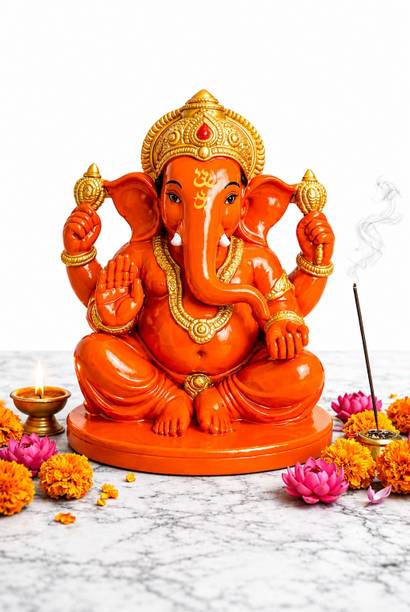 GOD DARBAR ORANGE GANESH IDOL Decorative Showpiece  -  11 cm