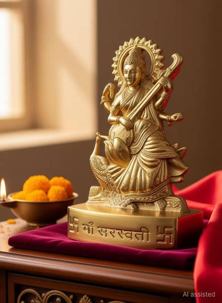 Shubstor Small maa Saraswati Vidya Devi Idol Metal Gold Plated Saraswati Decorative Showpiece  -  11 cm
